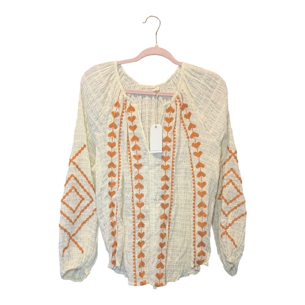 BY TOGETHER Cream and Orange 100% Cotton Embroidered Blouse M NWT